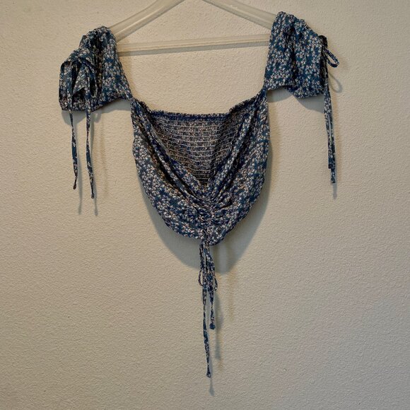 Romwe Blue Floral Off Shoulder Cinched Coquette Crop‎ Top M - Picture 3 of 4